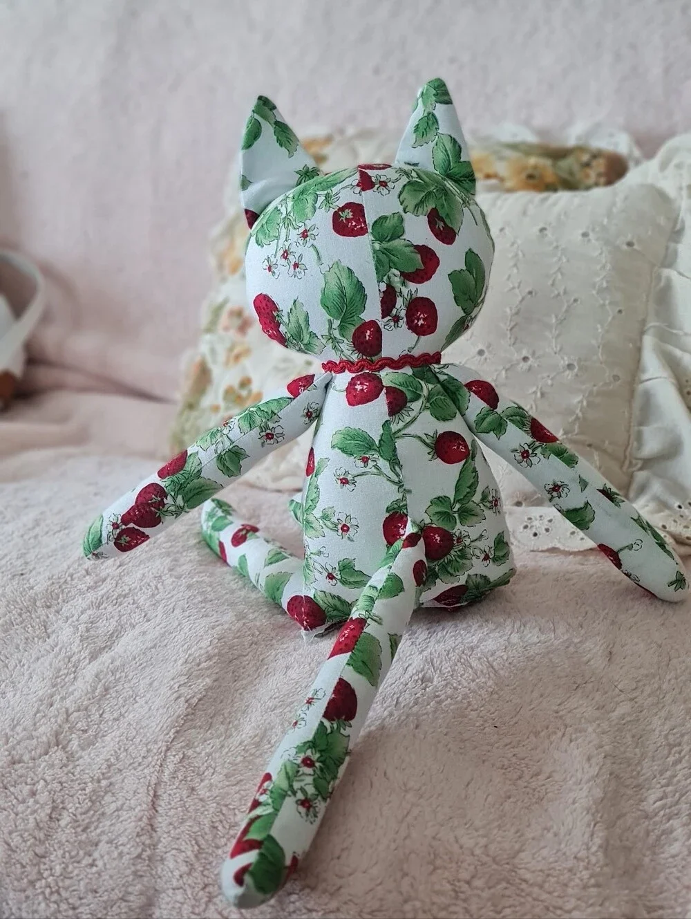 Handmade Cat Ragdolls, White with Floral Accents & Strawberry Print